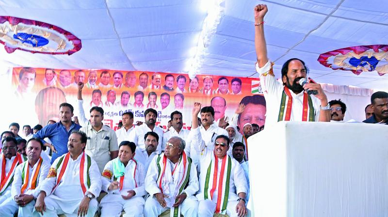 TPCC chief N.Uttam Kumar Reddy addressing a pubic meeting in Nizamabad dist on Sunday. (Photo: DC)