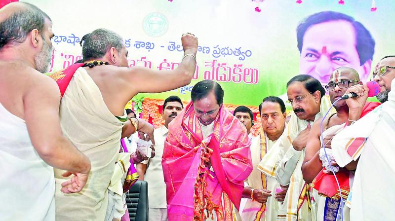 Chief Minister K. Chandrasekhar Rao is being blessed by priests after Panchanga Sravanam in Hyderabad on Sunday. (Photo: DC)