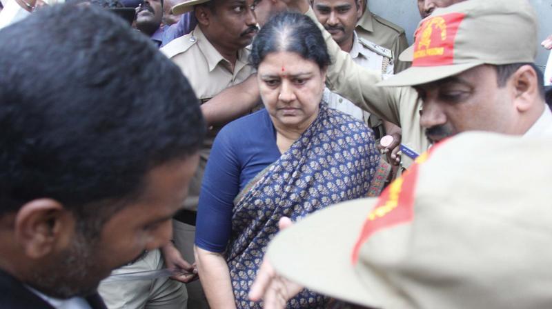 V.K. Sasikala coming out of the central jail in Bengaluru on Tuesday  after she was granted 15 days parole to attend her husbands funeral. (Photo: KPN)