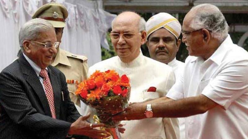 Former Supreme Court judge Justice Shivaraj Patil with former CM BS Yeddyurappa and former governor HR Bharadwaj in this file photo.