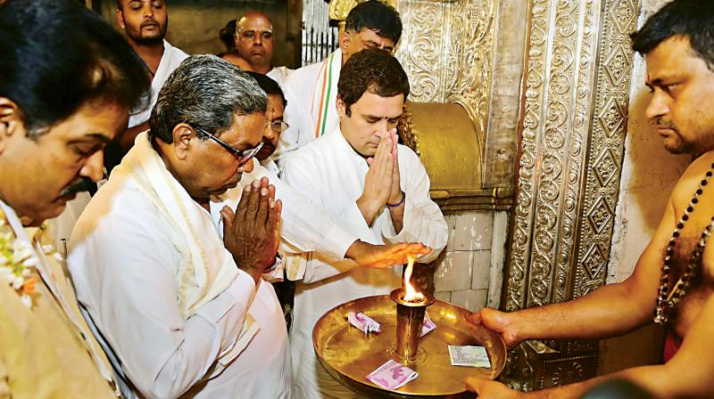 Congress President Rahul Gandhi with Karnataka CM Siddaramaiah, prays at Chamundeswari Temple, during his Janashirvada Yatra in Mysuru on Saturday. (Photo: PTI)