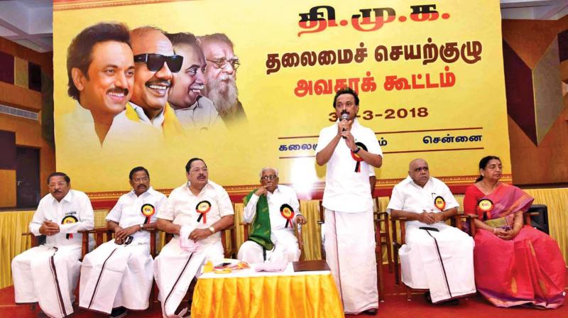 DMK working president M.K. Stalin addresses party executive members during a meeting held at  party headquarters on Friday. (Photo:DC)