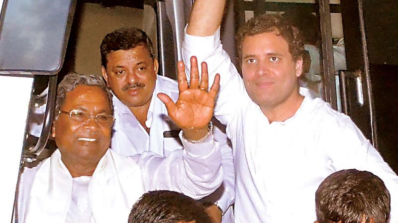 Congress president Rahul Gandhi and Chief Minister Siddaramaiah participate in the Janaashirvada rally of the party which was held in Davangere on Tuesday.