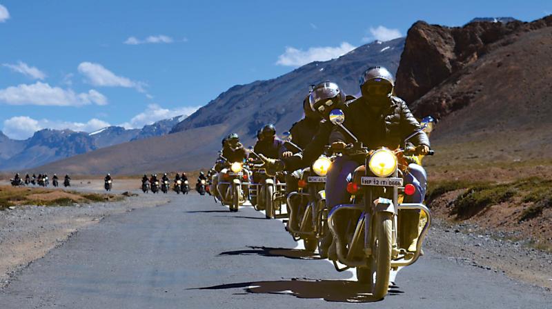 A group of motorcycle riders on a Ladakh expedition.