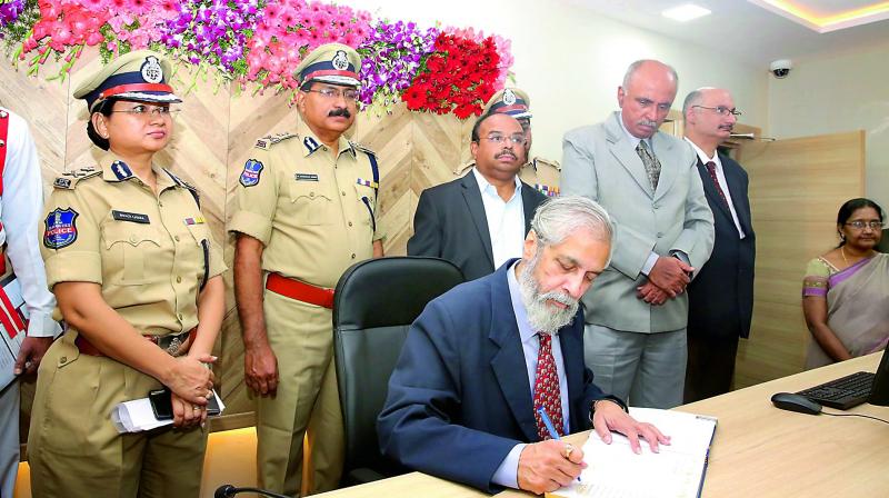 Supreme Court Judge Justice Madan Bhimarao Lokur, Chief Justice of High court of Judicature, Justice Sri Ramesh Ranganathan, Additional Commissioner of Police Swati Lakra and others during the inuagural event at HACA Bhavan in Hyderabad on Saturday.