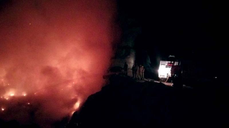 Fire tenders fight a major blaze at Bellahalli quarry on Tuesday. The fire had not been brought under control till late in the night.