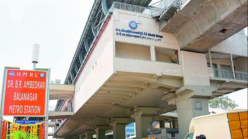The new sign board of Dr B.R. Ambedkar Balanagar Metro Station installed by the authorities after the Balanagar Metro Station was renamed on Saturday.