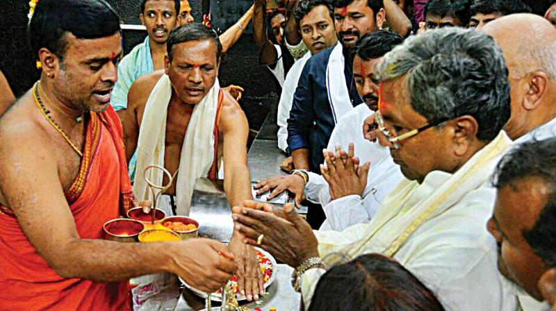 CM Siddaramaiah offers puja at Banashankari temple before filing his nomination in Badami in Bagalkot District on Tuesday. (Photo: KPN)