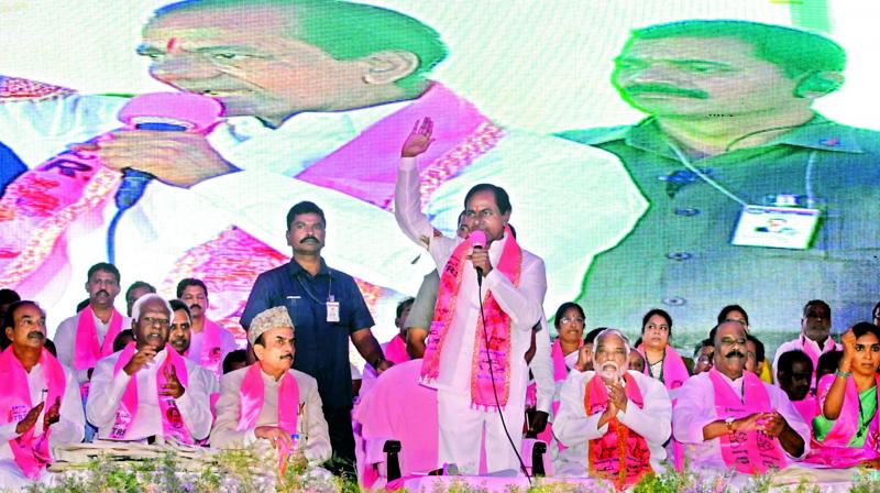 Telangana Chief Minister K. Chandrasekhar Rao along with other party ministers at the 17th TRS Plenary, in Kompally, on Friday. (Photo: DC)