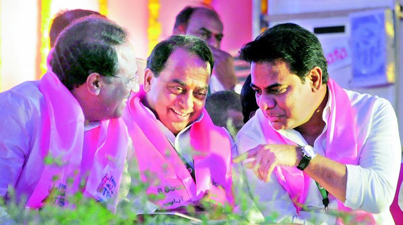 Minsiters Laxman Reddy, Indrakaran Reddy and K Tarak Rama Rao at the meeting. (Photo: Deepak Deshpande)