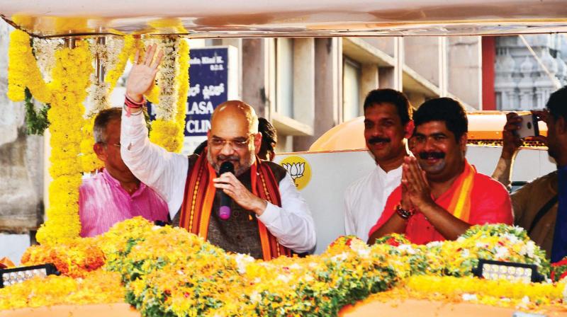 BJP National President Amit Shah at a campaign rally in Mangaluru on Tuesday. (Photo: KPN)