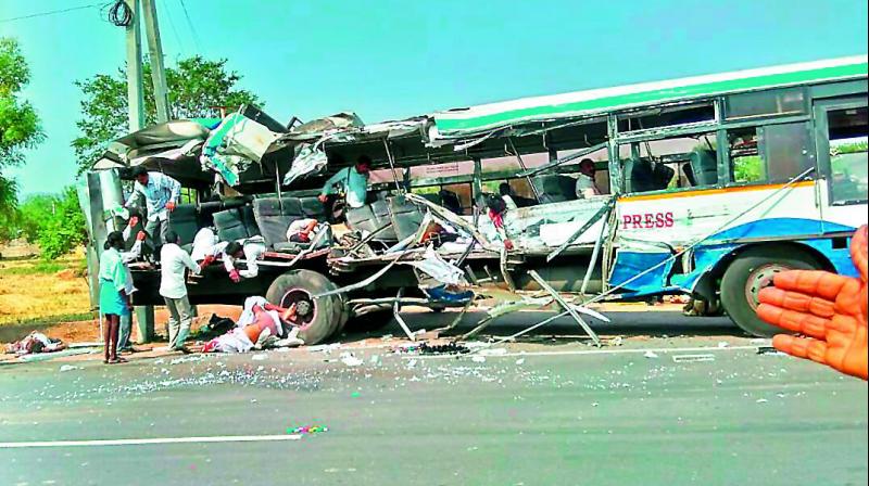 The mangled remains of the ill-fated RTC bus which met with an accident near Chenjerla village in Manakondur mandal in Karimnagar.
