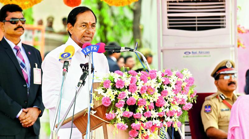 Chief Minister K. Chandrasekhar Rao at the Telangana Formation Day celebrations at Parade Grounds in Secunderabad on Saturday. (Photo: DC)