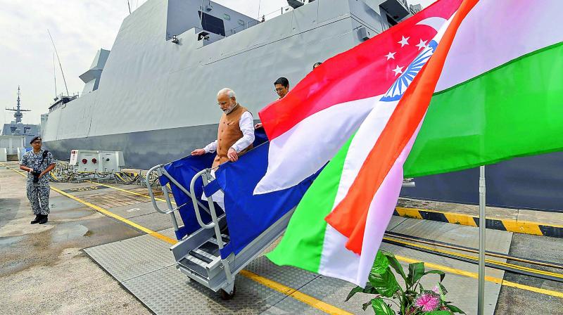 Prime Minister Narendra Modi during a visit to the Changi Naval Base, in Singapore on Saturday. (Photo: PTI)