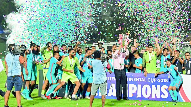 Indian Football team celebrates as they lift the Intercontinental Cup 2018.