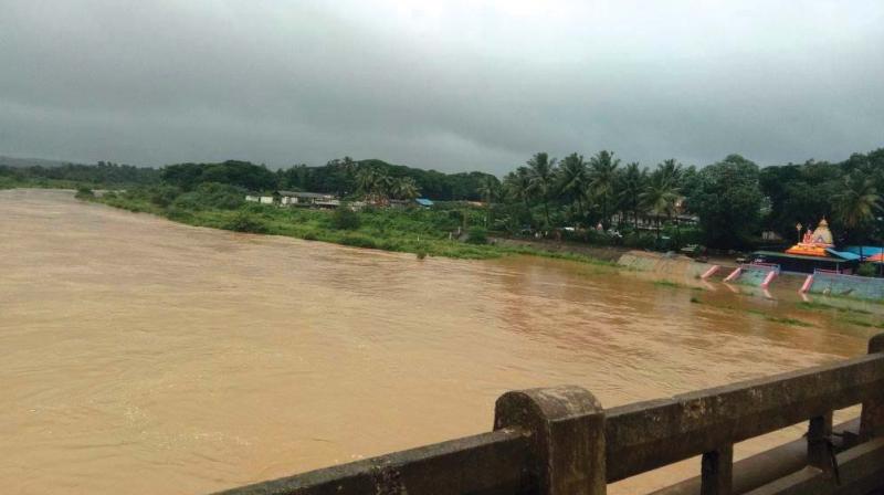 River Hemavathi, a tributary of Cauvery, in spate following incessant rains in the catchment areas, in Sakleshpur of Hassan on Monday. (Photo: DC)