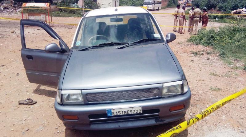 The car which two rowdies Rafeeq and Sudhakar used to escape in Laggere. The police opened fire to stop them, in Bengaluru on Tuesday night.