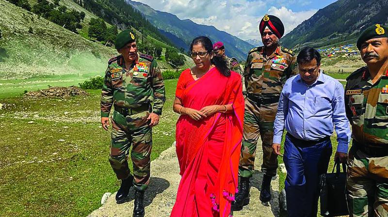 Union Defence Minister Nirmala Sitharaman visits Chinar Corps to review overall security situation prevailing in the valley, in Srinagar on Monday. (Photo: PTI)