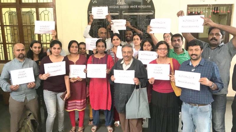 Citizens for Bengaluru activists staging a protest in front of BBMP office on Friday.