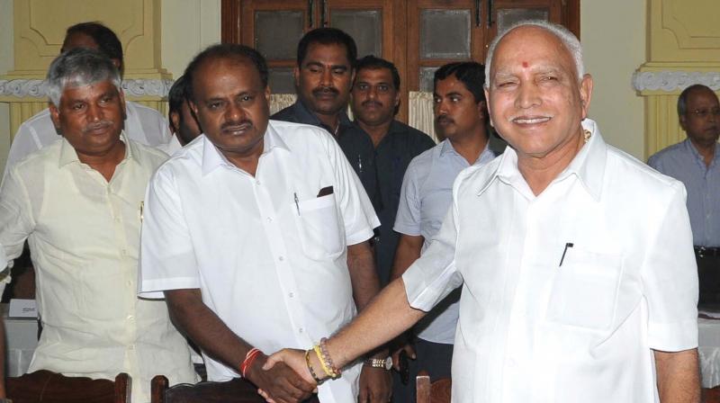 Chief Minister H.D. Kumaraswamy and state BJP president B.S. Yeddyurappa at an all-party meeting on Cauvery issue, at Vidhana Soudha in Bengaluru on Saturday. (Photo: KPN)