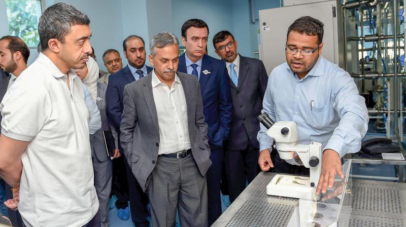 UAE Foreign Minister Abdullah bin Zayed Al Nahyan (extreme L) at the Centre for Nano Science and Engineering at Indian Institute of Science in Bengaluru on Saturday. (Photo: PTI)