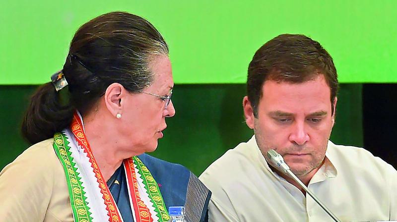 Congress president Rahul Gandhi and former president Sonia Gandhi at the Extended Congress Working Committee meeting, in New Delhi on Sunday. (Photo: AP)