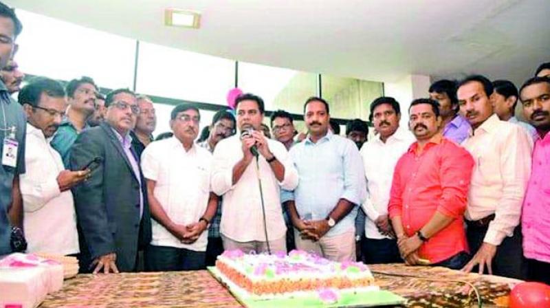 Minister K. T. Rama Rao takes part in the first anniversary celebrations of the education initiative, T-Sat, on Thursday. 	(Image: DC)