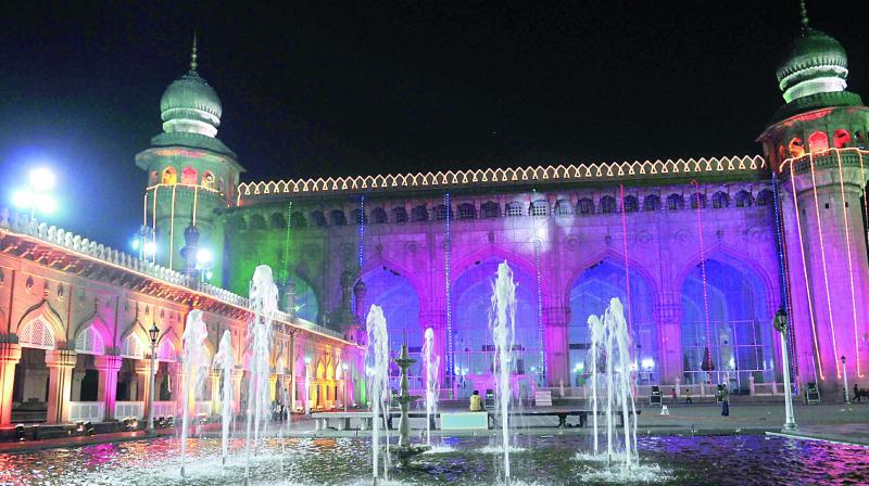 A file photo of Macca masjid decorated with lights.
