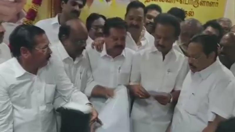 The process to elect Stalin as DMK chief following the death of his father and party chief M Karunanidhi began with the 65-year-old leader formally filing his nomination for the post. (Photo: ANI | Twitter)