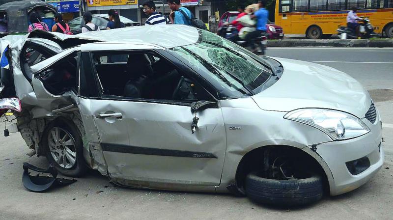 Car damaged in the accident in Saroornagar after hitting Metro Rail Pillar on Wednesday night. (Photo: DC)