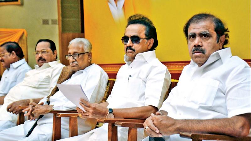 Top DMK leaders at district secretaries meeting in Anna Arivalayam on Thursday. (Photo: DC)