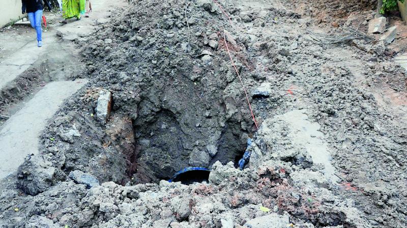 Roads at Himayatnagar are being dug up for laying pipelines causing inconvenience to the public.  (Image: DC)