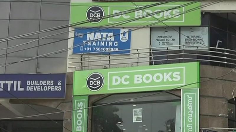 Hindu Aikya Vedi members protest in front of DC books after the publishing house on Wednesday released the book Meesha. (Photo: Twitter | ANI)