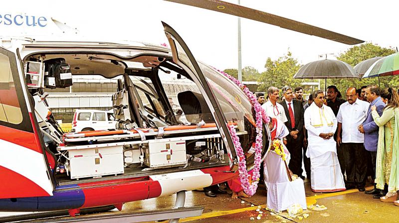 Chief Minister Siddaramaiah launched the air rescue ambulance service at HAL Airport, in Bengaluru on Friday 	(Photo: DC)