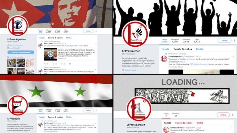 This undated image provided by the cybersecurity firm FireEye shows four Twitter pages affiliated with â€œLiberty Front Press,â€ which FireEye has called an influence operation masquerading as liberal US activists and apparently aimed at promoting Iranian political interests. Twitter recently revealed that it has suspended 284 accounts for â€œcoordinated manipulation,â€ many of them apparently originating from Iran. (FireEye via AP)