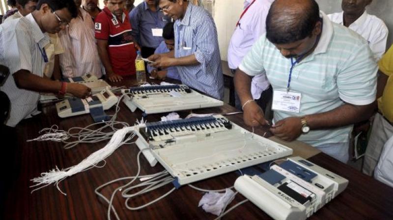 Following instructions from the Election Commission, authorities in Prakasam district started verification of the electronic voting machines manufactured before 2006 in the presence of representatives from different political parties at a godown in Thorvagunta near Ongole on Tuesday. (Representational image)