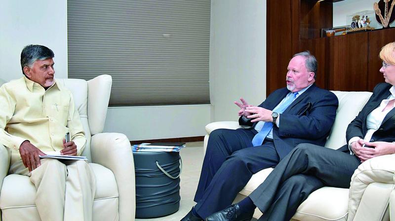 Chief Minister N. Chandrababu Naidu interacts with Australian Consul General Sean Kelly from Chennai at the Secretariat on Tuesday. (Photo: DC)
