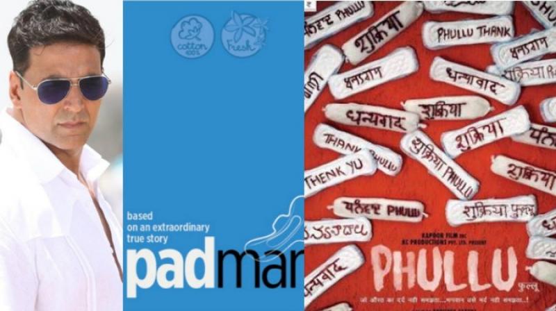 Akshay Kumar and posters of Padman and Phullu.