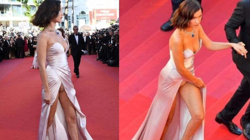 Bella Hadids wardrobe malfunction at the 70th edition of Cannes Film Festival.(Pics: AFP)
