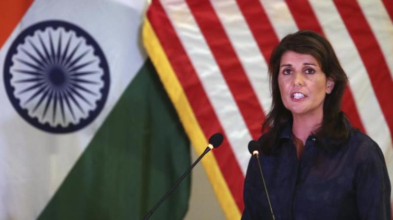 US Ambassador to the UN Nikki Haley speaks to the members of an Indian think tank in New Delhi. (Photo: AP)