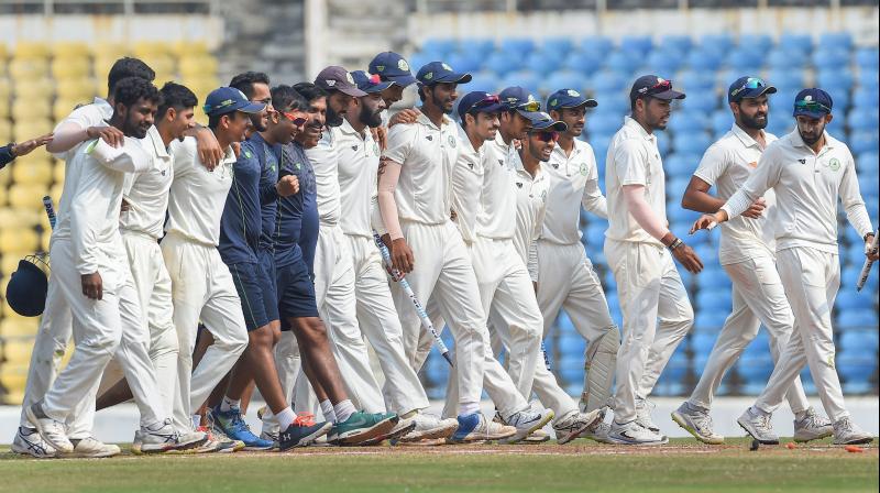 The victory was a testimony to Vidarbhas teamwork as they defeated a Rest of India side comprising Ajinkya Rahane, Hanma Vihari. Shreyas Iyer and Mayank Agarwal without their seasons top scorer Wasim Jaffer and pacer Umesh Yadav. (Photo: PTI)