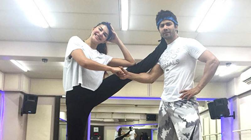 Jacqueline Fernandez with Varun Dhawan during their rehearsals.