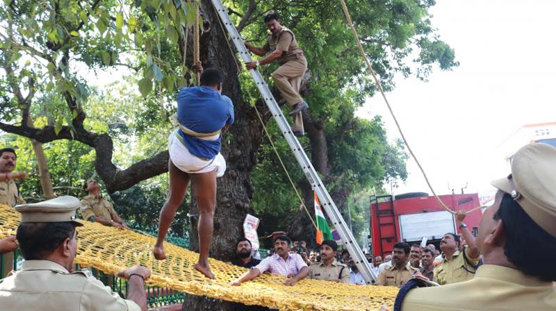 Fire force personnel bring down Suresh Babu who had climbed a tree in front of the Secretariat in Thiruvananthapuram on Monday. 	(Photo: DC)