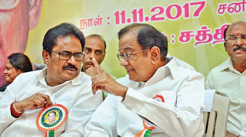 Tamil Nadu Congress Committee president S. Thirunavukarasu and former union minister P. Chidambaram at the birth centenary function of late Maragatham Chandrasekar, veteran Congress leader. (Photo: DC)