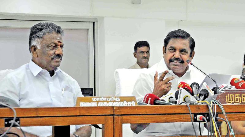 Chief Minister Edappadi K Palaniswami addresses a press conference after reviewing monsoon preparedness with senior ministers and officials at the Secretariat. Deputy chief minister O. Panneerselvam and Chief Secretary Girija Vaidyanathan are also seen.  (Photo: DC)