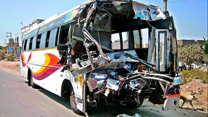 The RTC bus which rammed into a truck in Nalgonda district on Friday morning.