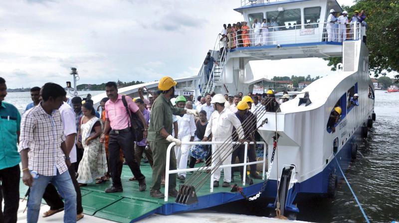 Passengers and officials of Corporation, Cochin Port Trust and Cochin Shipyard disembark at Vypeen jetty from the modern RO-RO vessel. A trial run of the vessel was conducted along the Fort Kochi  Vypeen route on Friday.  (Photo: SUNOJ NINAN MATHEW)