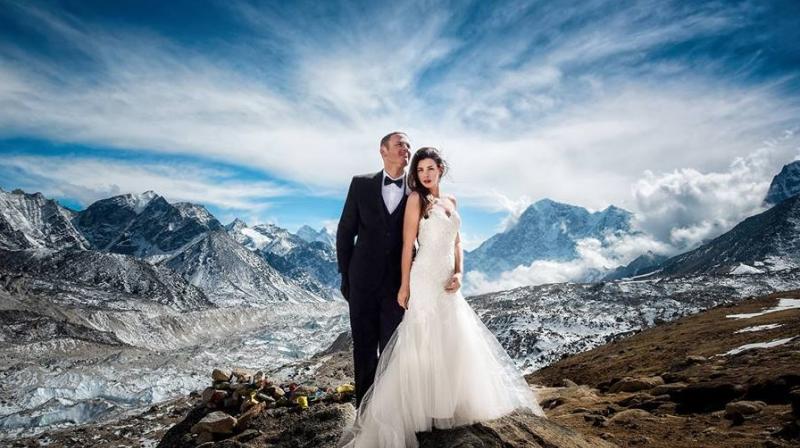 The 30-something couple trekked through harsh conditions to reach the base camp 17,000 ft above sea level for over three weeks. (Photo: Facebook/CharletonChurchill)
