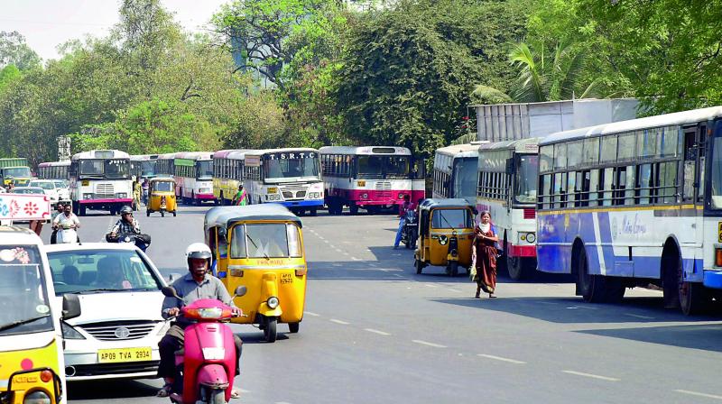 RTC buses parked at Rail Nilayam on Sangeet circle road. (Photo: DC)