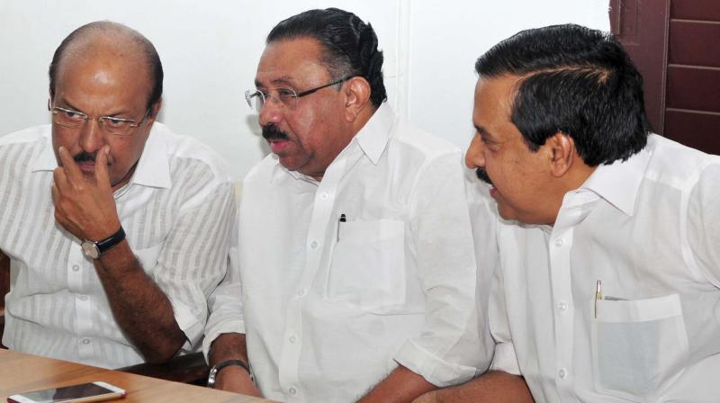 IUML leader P. K. Kunhalikutty, KPCC president M. M. Hassan and Opposition Leader Ramesh Chennithala during the UDF meeting in Thiruvananthapuram on Friday. (Photo:  DC)